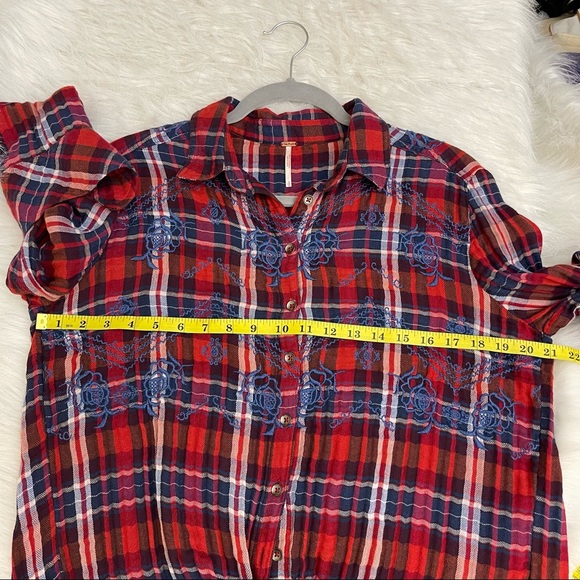 Free People Magical Plaid Shirt Red and Blue Embroidered Button Down Blouse S - Picture 3 of 14